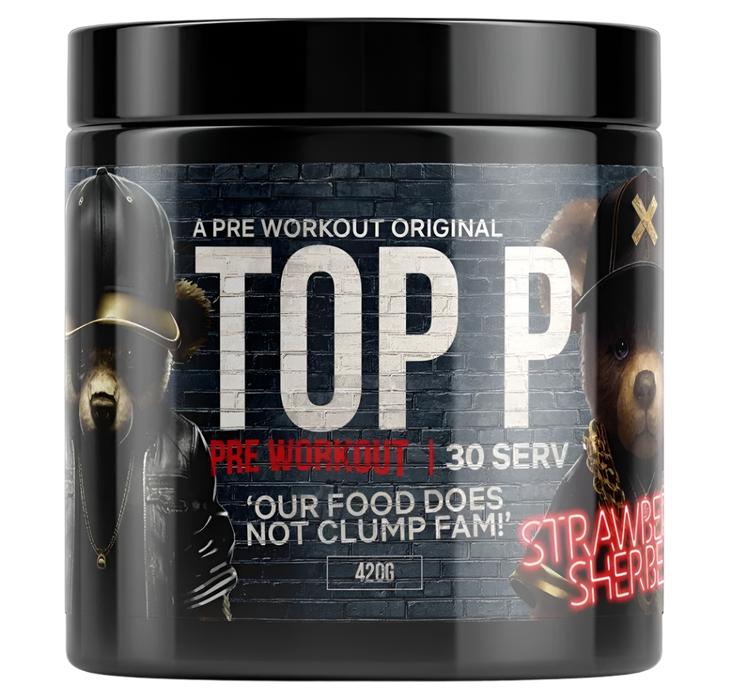 Pre-workout supplement container with branding and product details on a white background