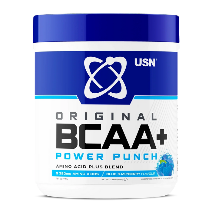 Blue and white USN BCAA Power Punch container with blue raspberry flavor for muscle growth