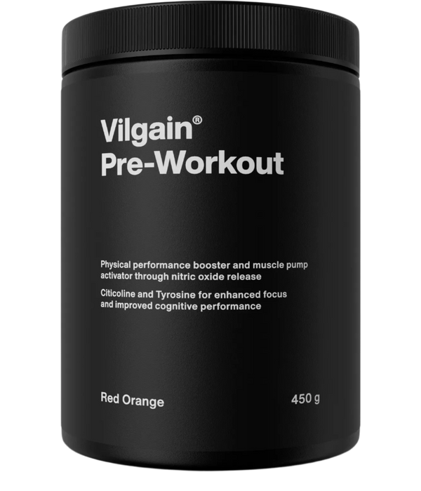 Black Vilgain Pre-Workout 2.0 tub with screw-on lid for energizing workouts