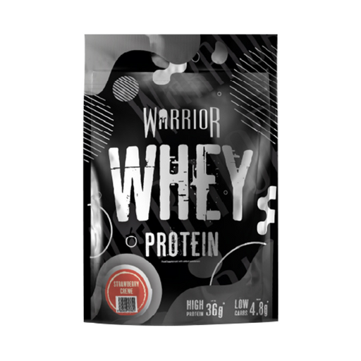 Warrior Whey Strawberry Creme pouch high protein low sugar supplement for fitness fans