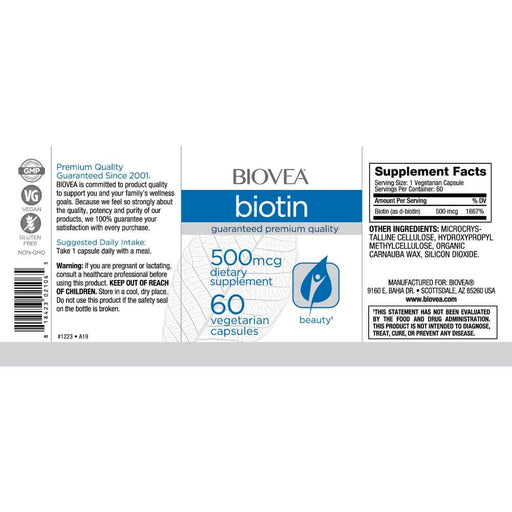 Biovea Biotin 500mcg 60 Vegetarian Capsules | Premium Supplements at MYSUPPLEMENTSHOP