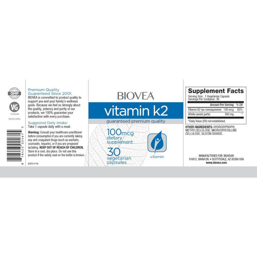 Biovea Vitamin K2 100mcg 30 Vegetarian Capsules | Premium Supplements at MYSUPPLEMENTSHOP