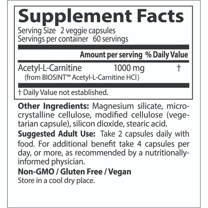 Doctor's Best Acetyl-L-Carnitine with Biosint Carnitines 500 mg 120 Veggie Capsules - Health and Wellbeing at MySupplementShop by Doctor's Best