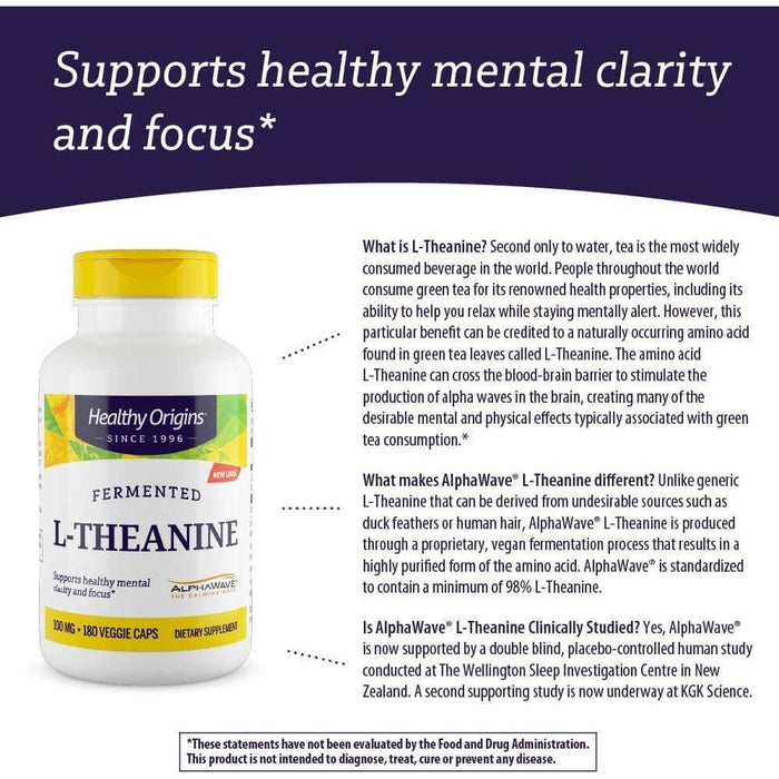 Healthy Origins L-Theanine 100mg 180 Vegetarian Capsules | Premium Supplements at MYSUPPLEMENTSHOP