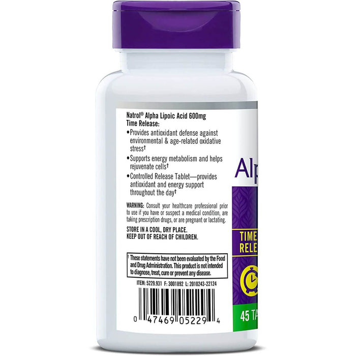 Natrol Alpha Lipoic Acid 600mg 45 Time Release Tablets | Premium Supplements at MYSUPPLEMENTSHOP