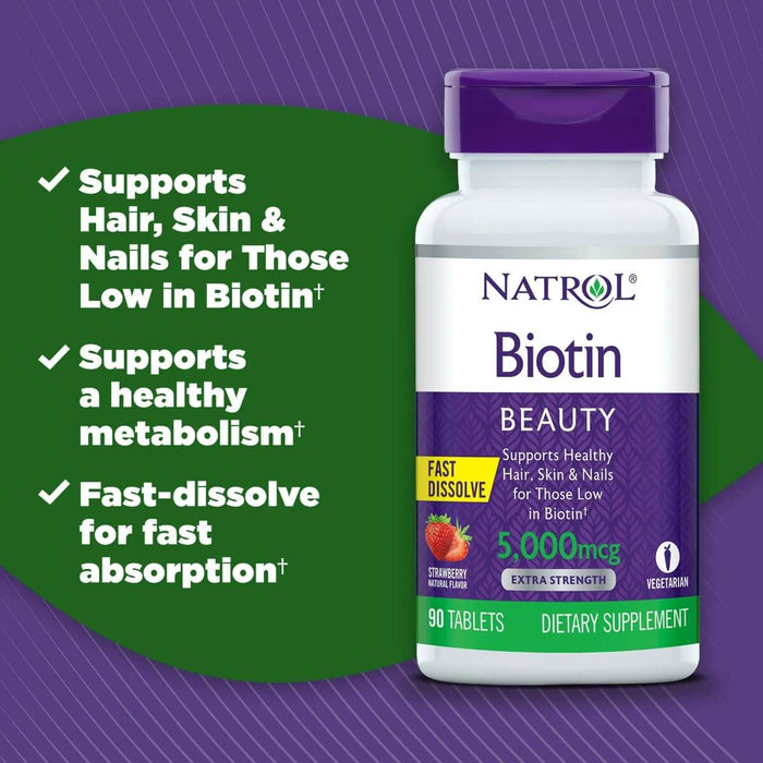 Natrol Biotin 5,000mcg 90 Strawberry Tablets | Premium Supplements at MYSUPPLEMENTSHOP