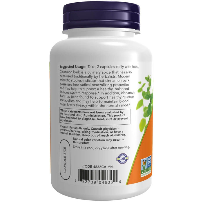 NOW Foods Cinnamon Bark 600 mg 120 Veg Capsules | Premium Supplements at MYSUPPLEMENTSHOP