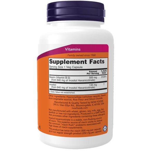 NOW Foods Niacin 500mg, Double Strength Flush-Free 90 Veg Capsules | Premium Supplements at MYSUPPLEMENTSHOP