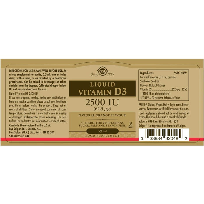 Solgar Liquid Vitamin D3 2500 IU (62.5 Âµg) Natural Orange Flavour 59ml at MySupplementShop.co.uk