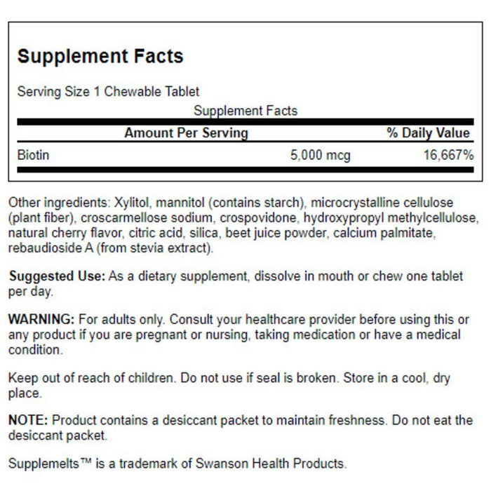 Swanson Biotin Natural Cherry Flavour 5,000 mcg 60 Chewable Tablets - Supplements at MySupplementShop by Swanson