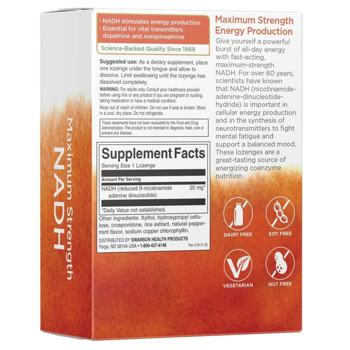 Swanson NADH 20mg 30 Peppermint Lozenges | Premium Supplements at MYSUPPLEMENTSHOP.co.uk