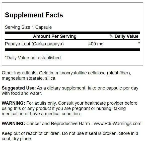 Swanson Papaya Leaf 400 mg 60 Capsules - Health and Wellbeing at MySupplementShop by Swanson