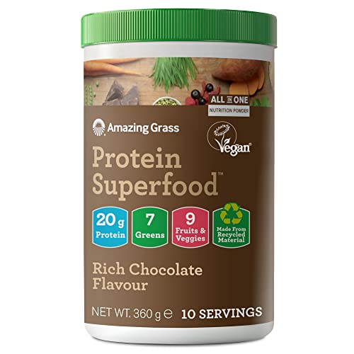 Amazing Grass Protein Superfood Organic Vegan Protein Powder with Fruit and Vegetables Rich Chocolate Flavour 10 servings 360 g | High-Quality Vegan Proteins | MySupplementShop.co.uk