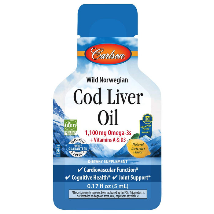 Carlson Labs Wild Norwegian Cod Liver Oil, 1100mg Natural Lemon (Pouch of Packets) - 15 x 5 ml. | High-Quality Fish Oils | MySupplementShop.co.uk