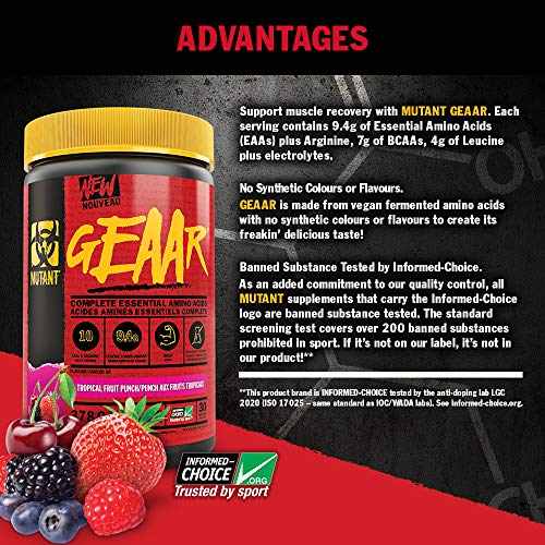 MUTANT GEAAR - 9.4g of EAA Powder + Arginine 7g BCAAs 4g Leucine Electrolytes Coconut Water No Artificial Colours or Flavours Delicious Taste - 30 Servings - Fruit Punch - 378g | High-Quality BCAAs | MySupplementShop.co.uk