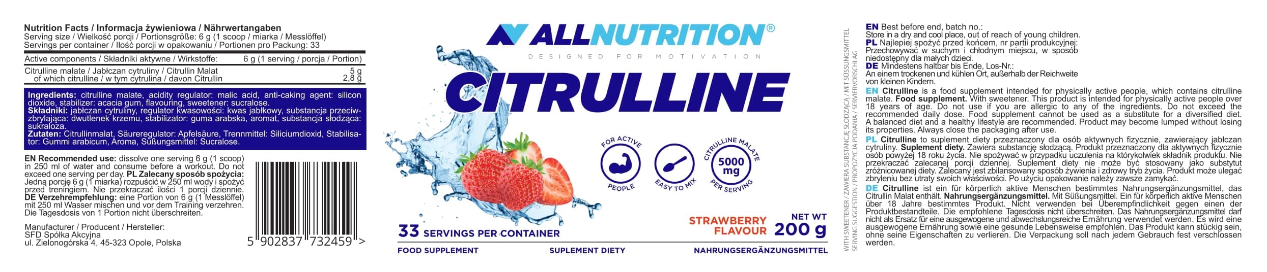 Allnutrition Citrulline, Strawberry - 200g | High-Quality Combination Multivitamins & Minerals | MySupplementShop.co.uk