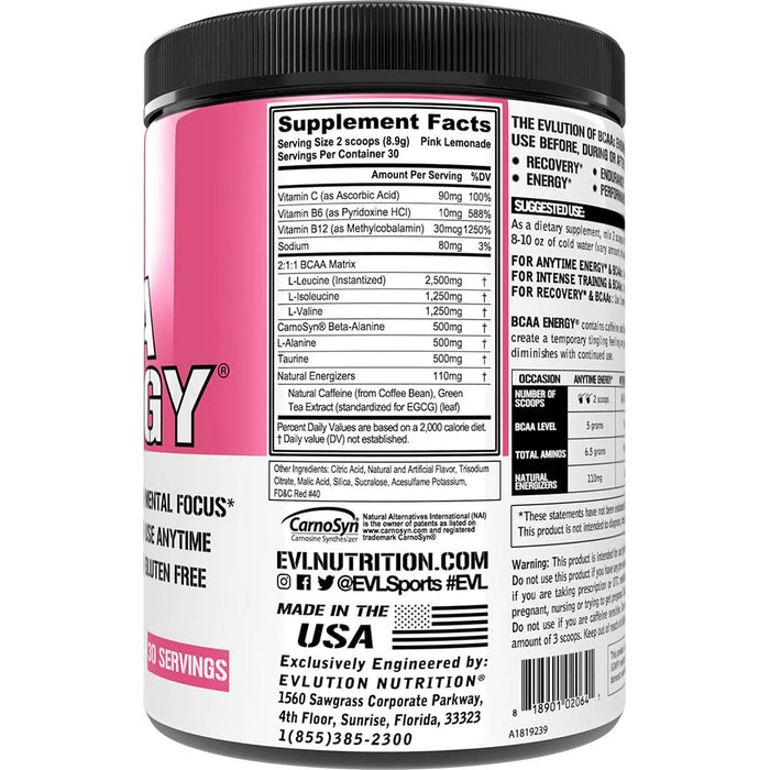 EVLution Nutrition BCAA Energy, Pink Lemonade - 267 grams - Amino Acids and BCAAs at MySupplementShop by EVLution Nutrition