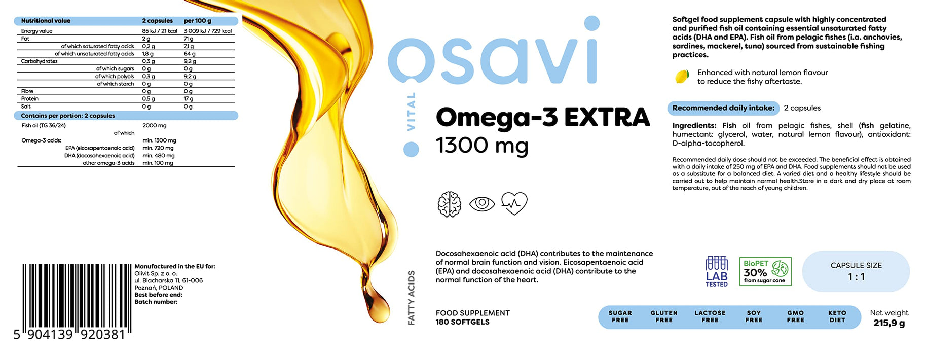 Osavi Omega-3 Extra, 1300mg (Lemon) - 180 softgels (EAN 5904139920381) | High-Quality Omega-3 | MySupplementShop.co.uk