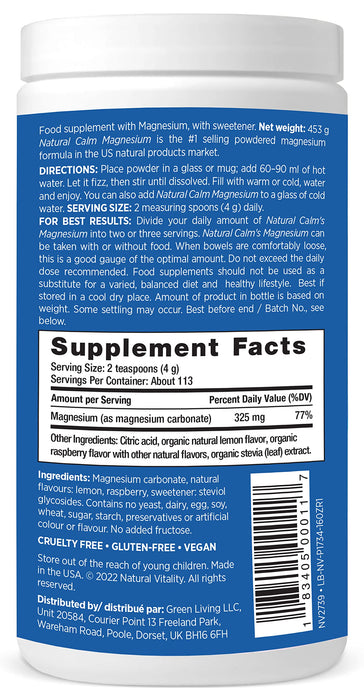 Natural Calm, Raspberry Lemon - 453g | High-Quality Magnesium | MySupplementShop.co.uk