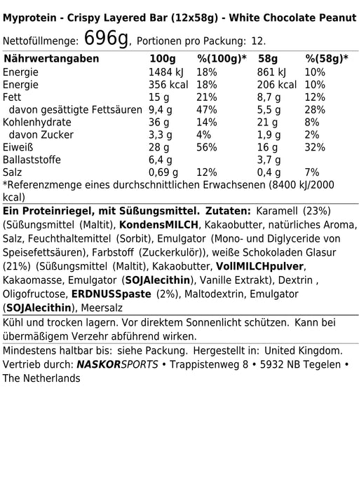 MyProtein Crispy Layered Protein Bar 12x58g White Chocolate Peanut - Sports Supplements at MySupplementShop by MyProtein
